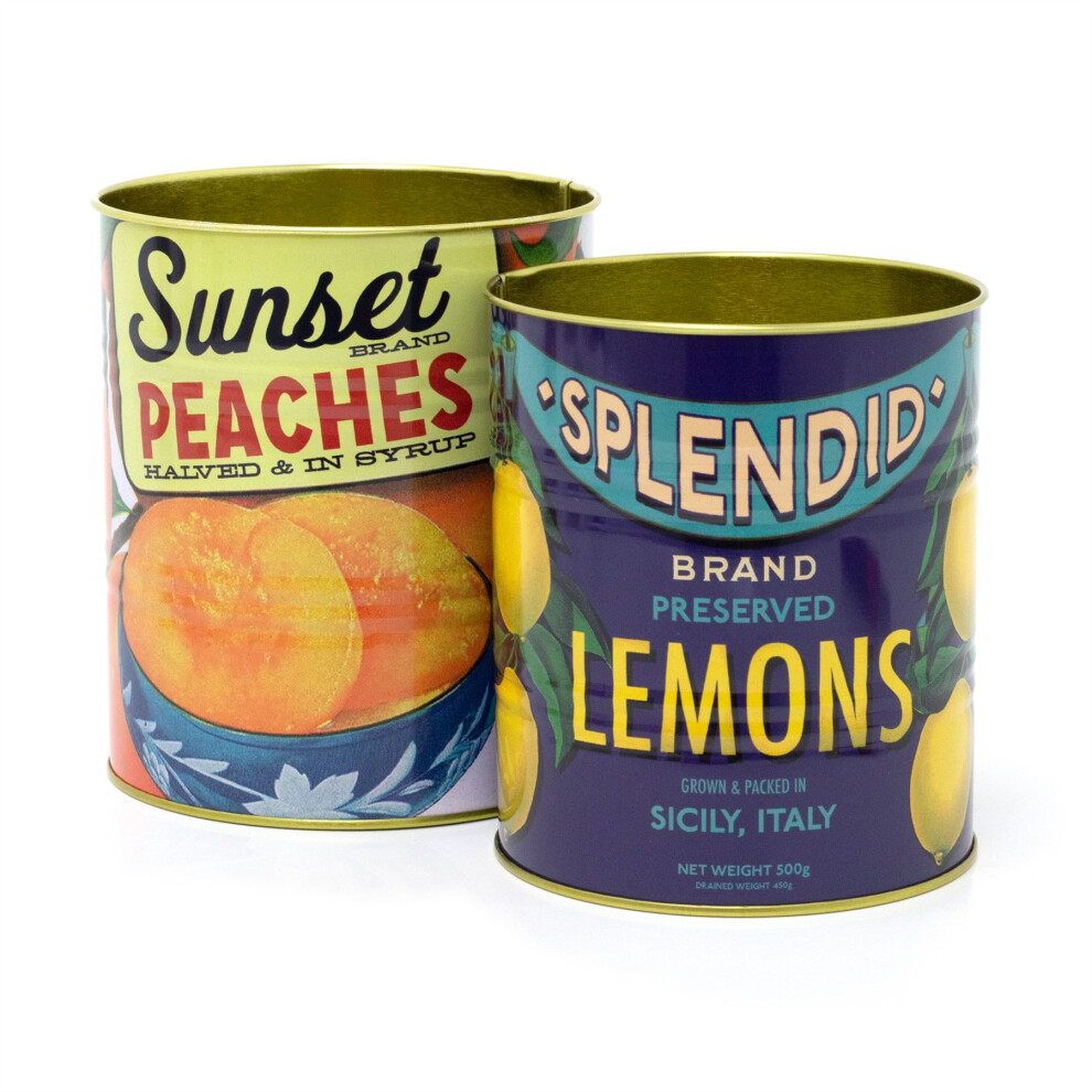 Set Of 2 Retro Style Vintage Fruit Storage Tins | 2 Piece Replica Food Tins Decorative Tinned Cans | Metal Storage Tins