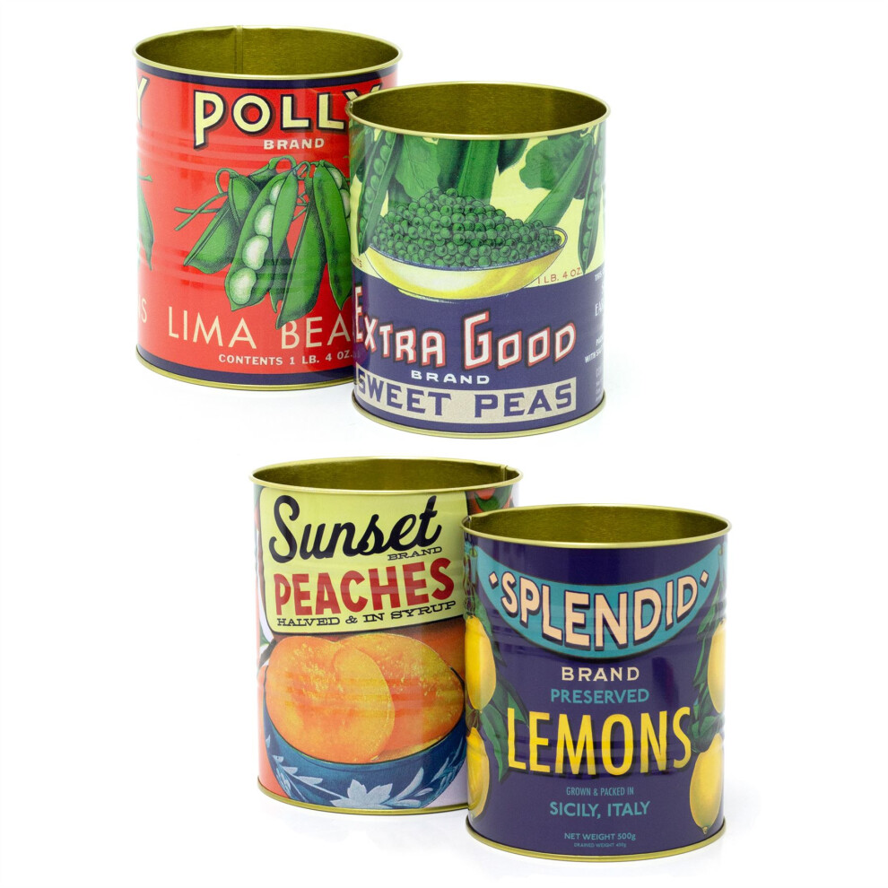 Set Of 4 Retro Style Vintage Fruit & Peas Storage Tins | 4 Piece Replica Food Tins Decorative Tinned Cans | Metal Storage Tins