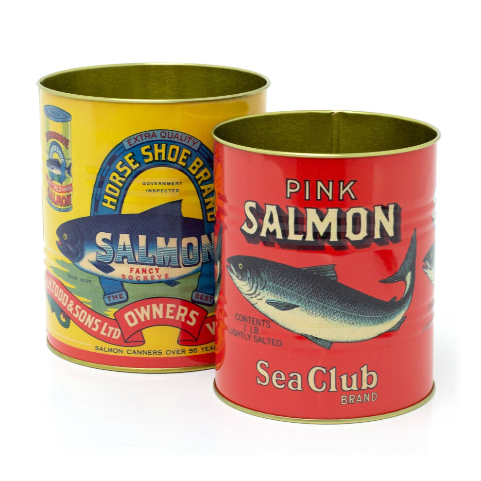 Set Of 2 Retro Style Vintage Salmon Storage Tins | 2 Piece Replica Food Tins Decorative Tinned Fish Cans | Metal Storage Tins