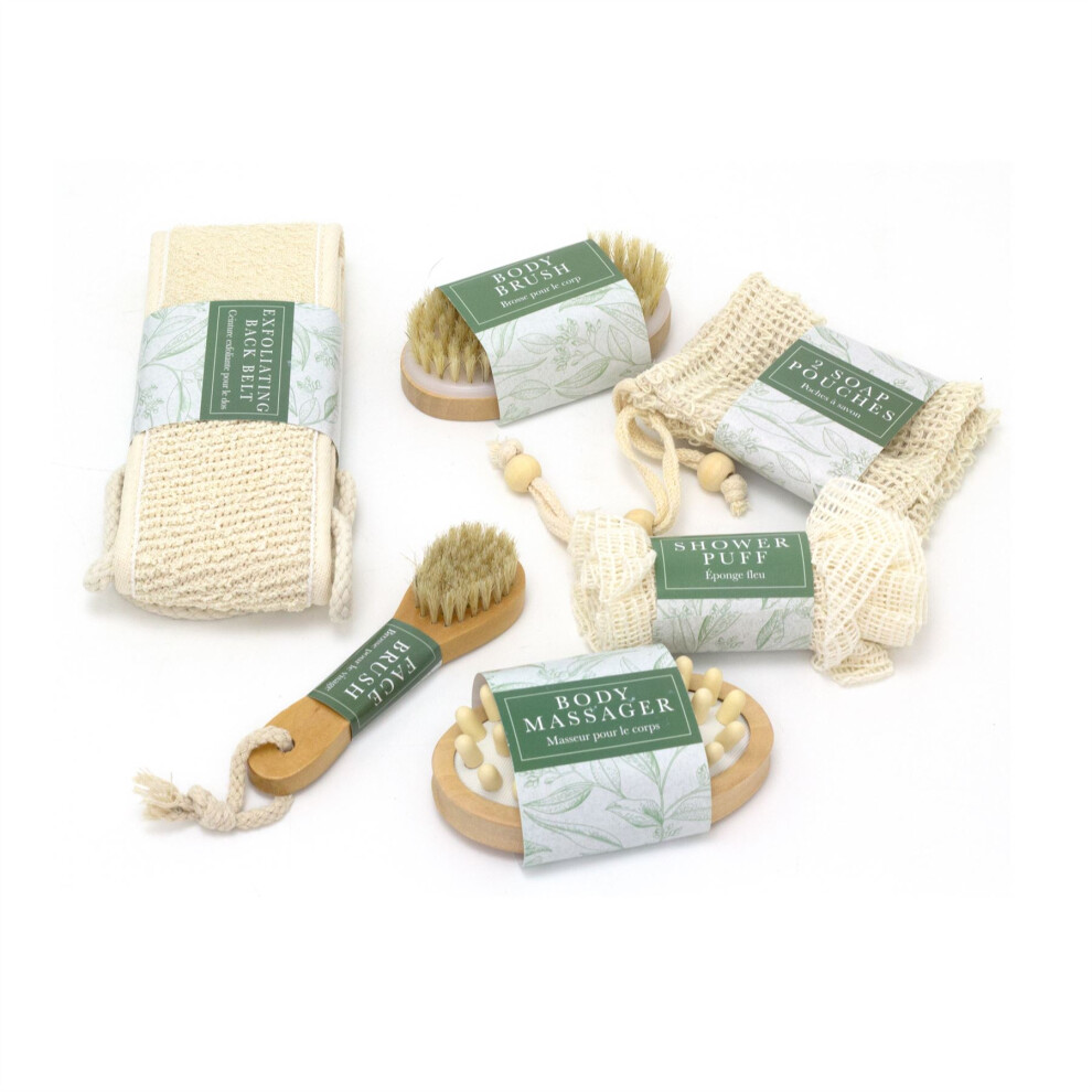 6 Piece Home Spa Gift Set | Exfoliating Bath Belt, Shower Puff, Body Brush, Body Massager, Face Brush, Pk2 Soap Pouches | Pamper Gifts For Women