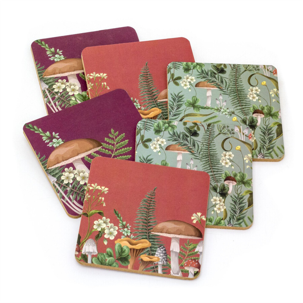 Set of 6 Mushroom Coasters | Forest Fungi Cork Backed Coaster Set | 6 Piece Kitchen Drinks Coasters Cup Mug Table Mats - 10cm