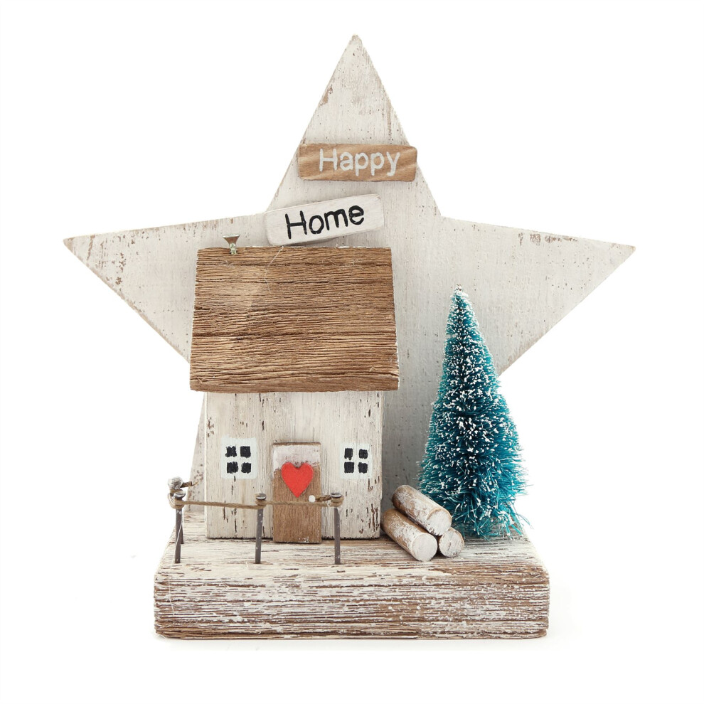 Rustic Happy Home Ornament | Charming Miniature Wooden House Christmas Ornament | Festive Star & House Christmas Scene - 17cm