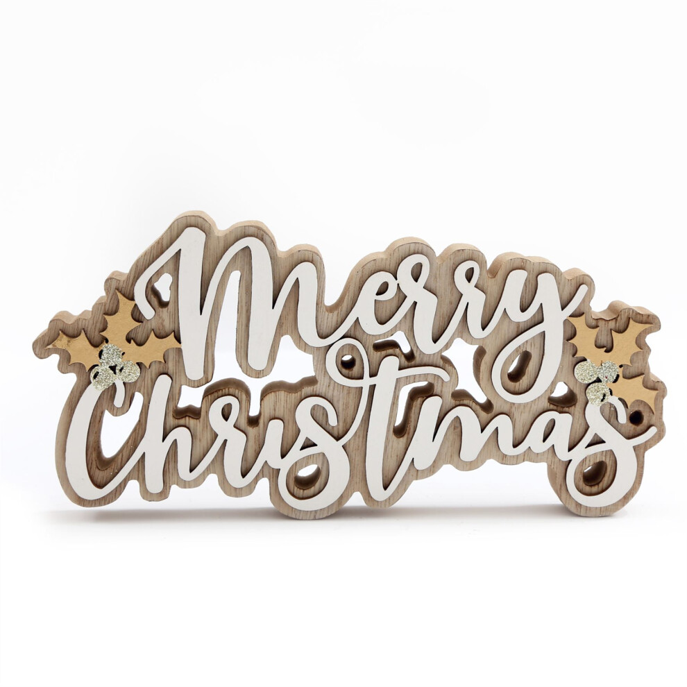 Small Merry Christmas Word Block | Freestanding Wooden Merry Christmas Sign | Standing Merry Christmas Letters Ornament - 22cm