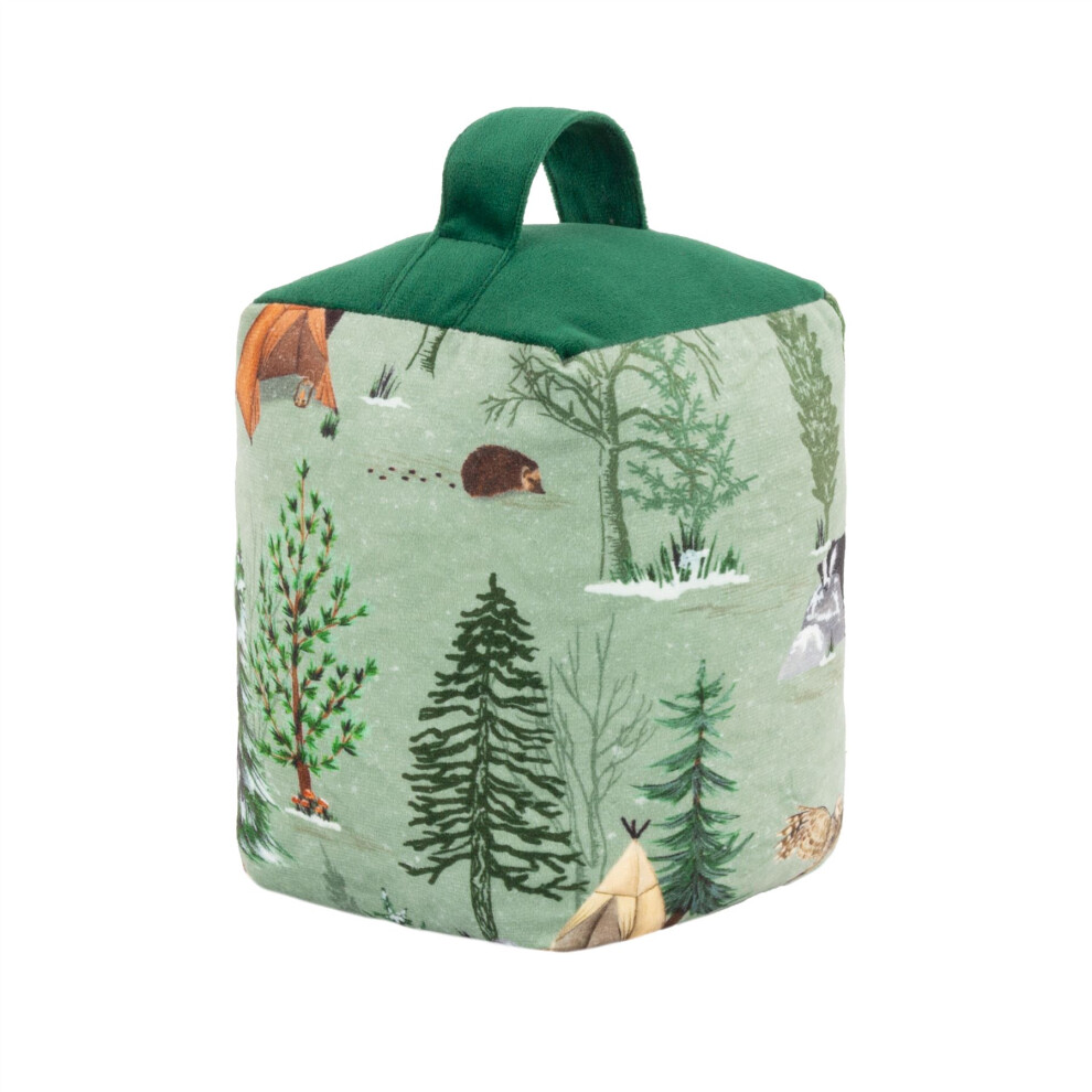 Carousel Lodge Wood Doorstop | Winter Forest Oak Velvet Weighted Door Stopper For Floor | Decorative Fabric Door Stop With Handle - 18Cm Green