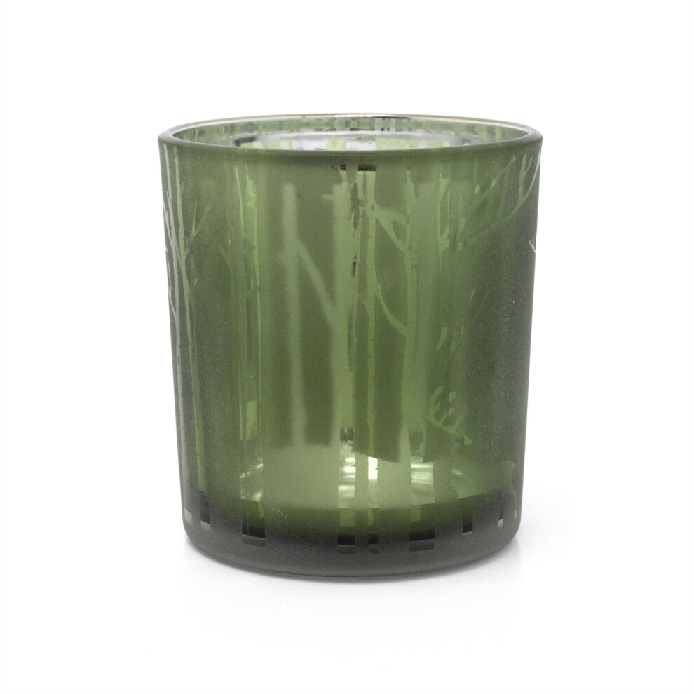 Woodland Deer Green Glass Christmas Tealight Holder | Silhouette Frosted Glass Christmas Candle Holder | Xmas Tea light Votive Pot Candle Gifts - 8cm