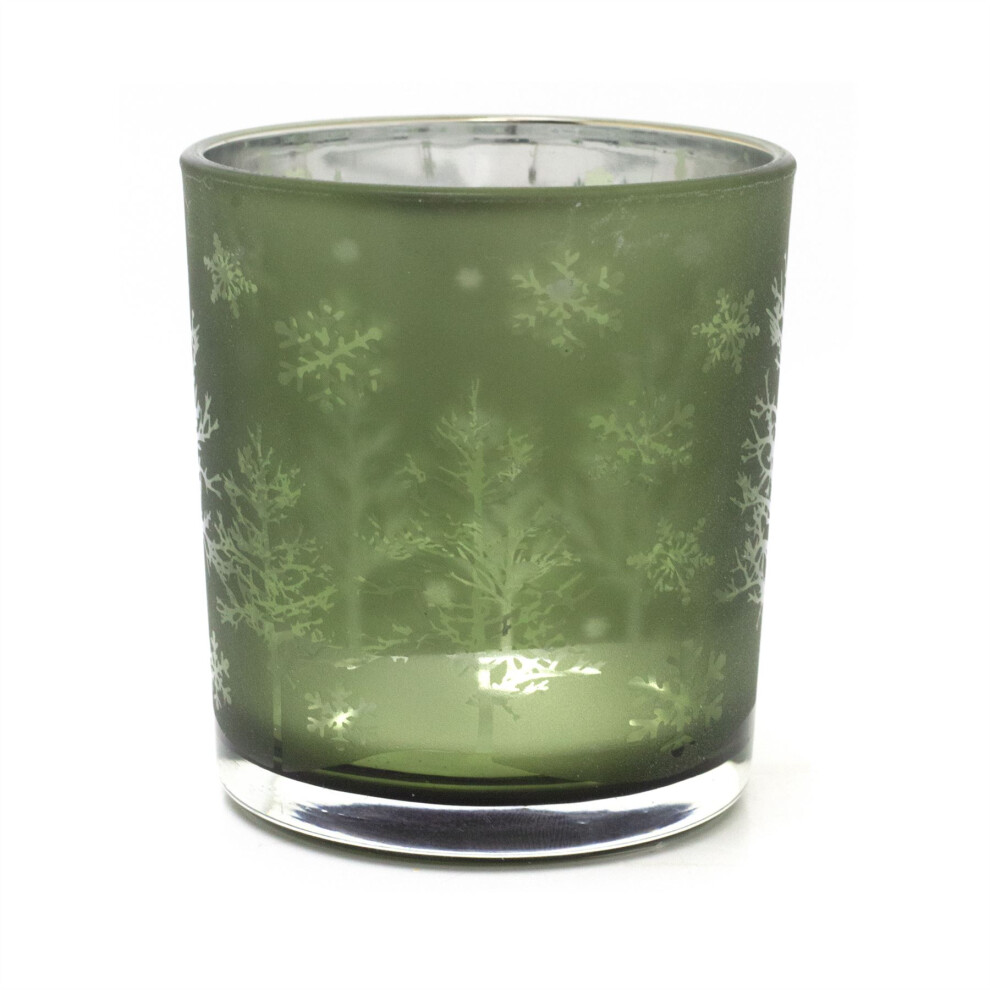 Frosted Tree Green Glass Christmas Tealight Holder | Silhouette Frosted Glass Christmas Candle Holder | Xmas Tea light Votive Pot Candle Gifts - 8cm