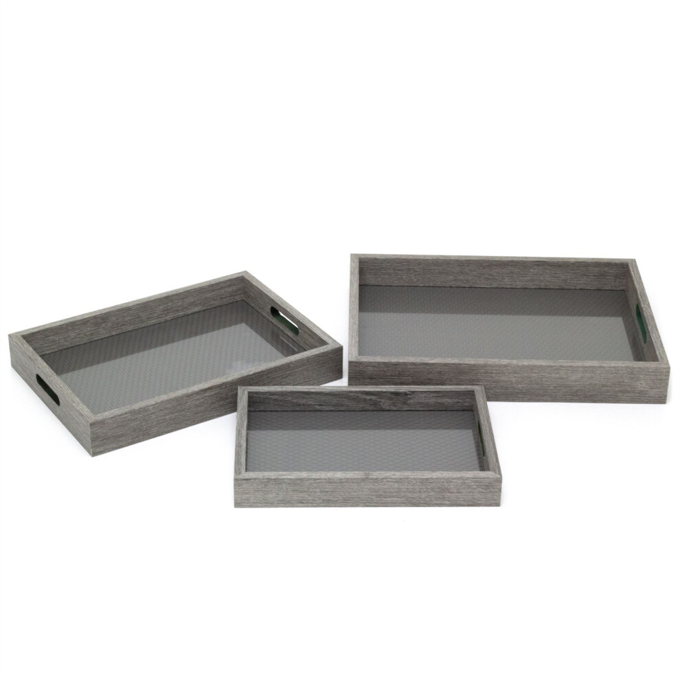 Set of 3 Grey Weave Serving Trays | 3 Piece Wooden Kitchen Trays with Handles | Tea and Coffee Tray for Breakfast