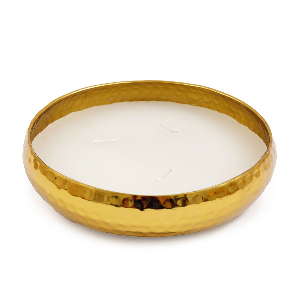 Carousel Round Metal Display Bowl With Candle | 3 Wick Vanilla Scented Candle & Holder | Vanilla Fragrance - 16Cm Gold