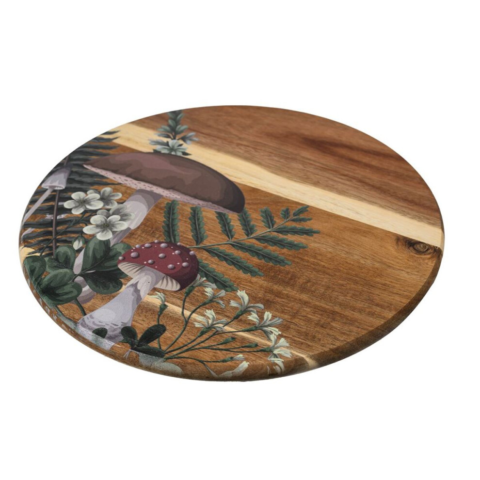 Mushroom Wooden Lazy Susan | Acacia Wood Lazy Susan Turntable Revolving Serving Tray | Round Floral Toadstool Print Rotating Serving Platter - 35cm