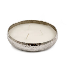 Round Silver Metal Display Bowl with Candle | 3 Wick Vanilla Scented Candle & Holder | Vanilla Fragrance - 16cm