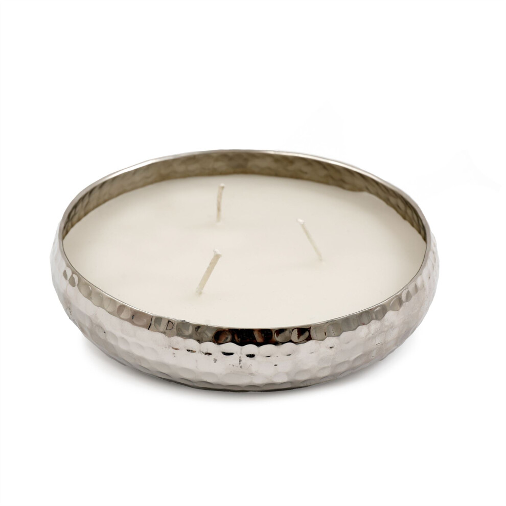 Round Silver Metal Display Bowl with Candle | 3 Wick Vanilla Scented Candle & Holder | Vanilla Fragrance - 16cm