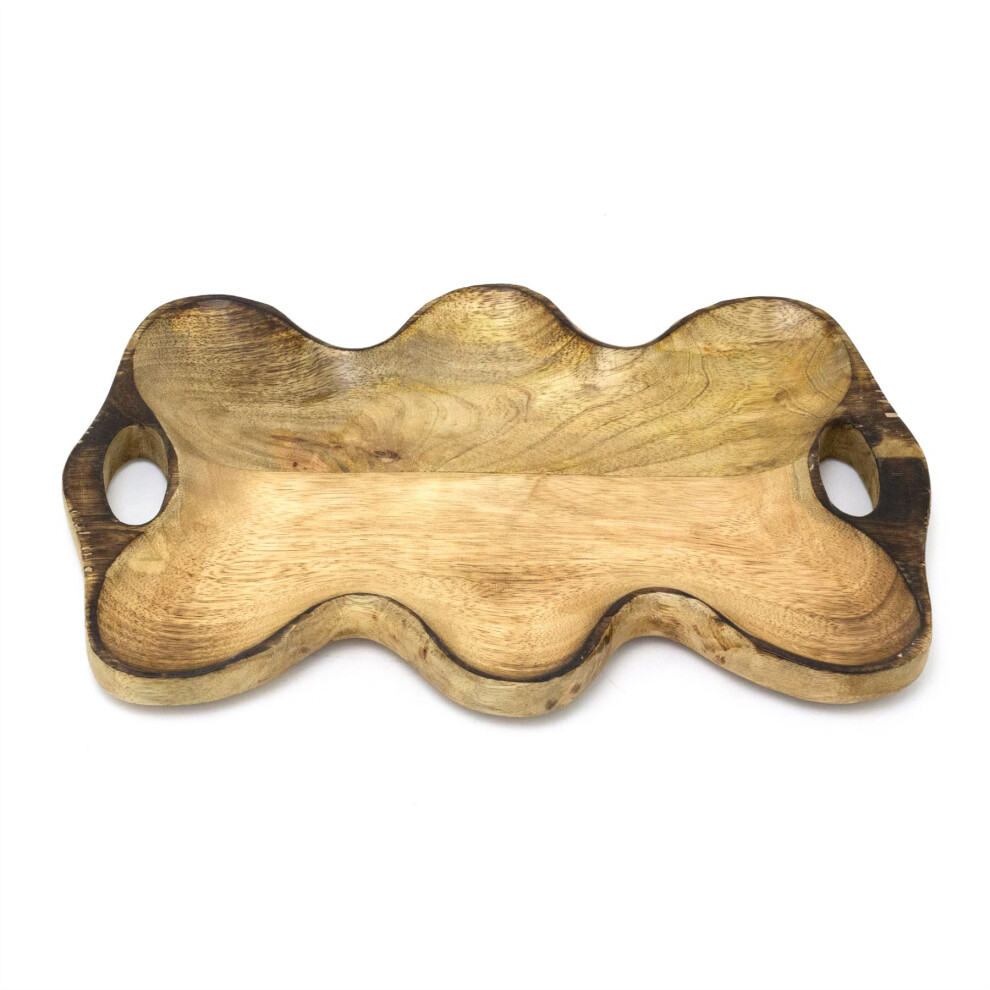 Rustic Mango Wood Serving Tray | Wavy Edge Wooden Platter with Handles | Snack & Sharing Board for Appetisers - 35cm