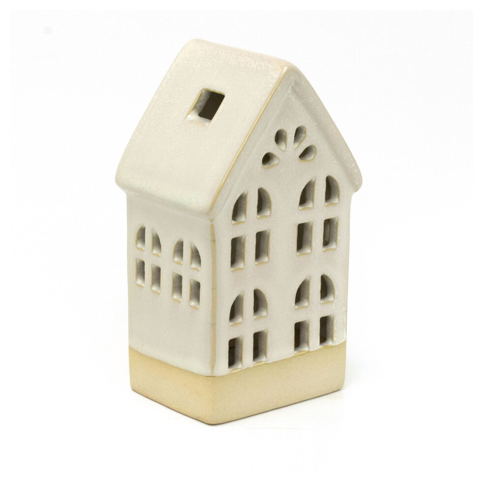 LED Sandy House Ornament | Ceramic Village Miniature Light Up House | LED Cottage Night Light -14cm