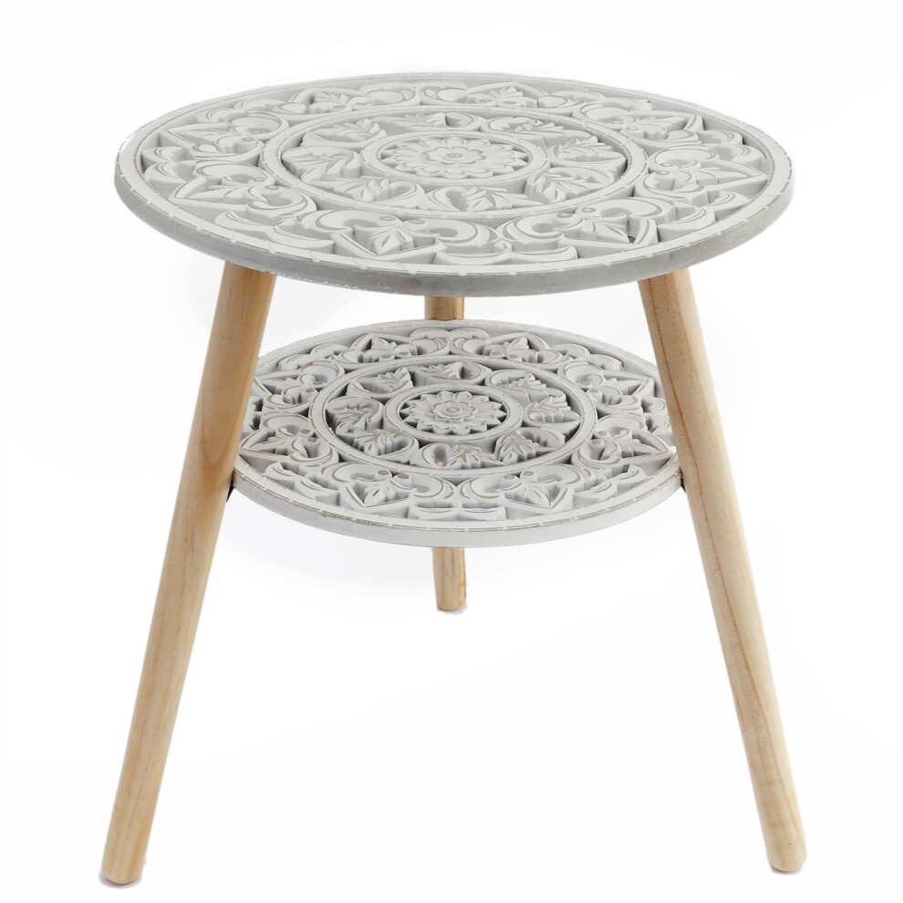 Boho Round Wooden Side Table | Mandala Design Rustic Two-Tier Accent End Table | White Antique Style Round 2-Tier Pedestal Tabletop - 50x45cm