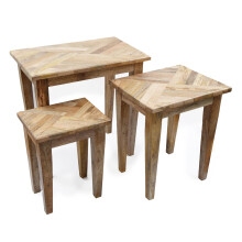 Set Of 3 Marquet Wooden Nesting Side Tables | 3-piece Vintage Style Herringbone Living Room End Tables | Rustic Wooden Parquet Tabletops