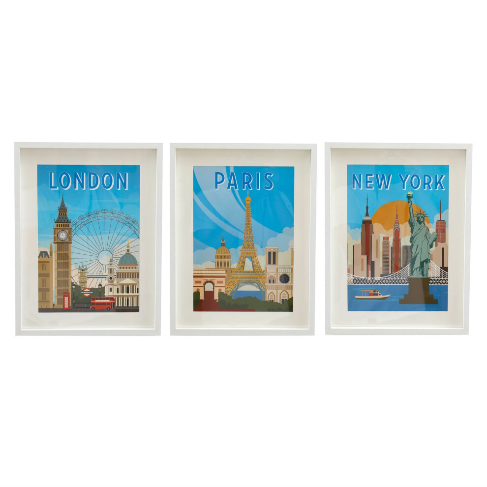 Set of 3 White Framed Capital City Prints | London Paris & New York Travel Posters for Gallery Wall | 3 Piece City Prints Wall Art Pictures - 31x41cm