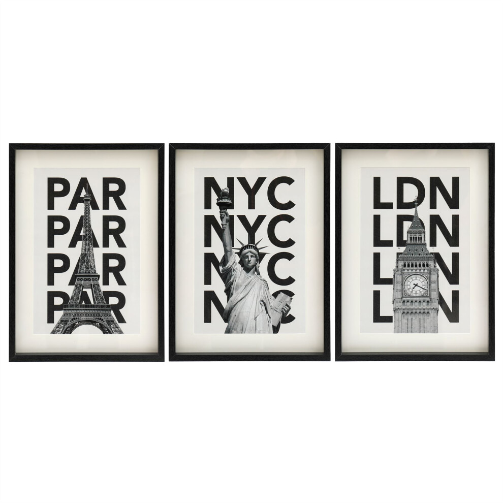 Set of 3 Black Framed Capital City Prints | London Paris & New York Travel Posters for Gallery Wall | 3 Piece City Prints Wall Art Pictures - 31x41cm