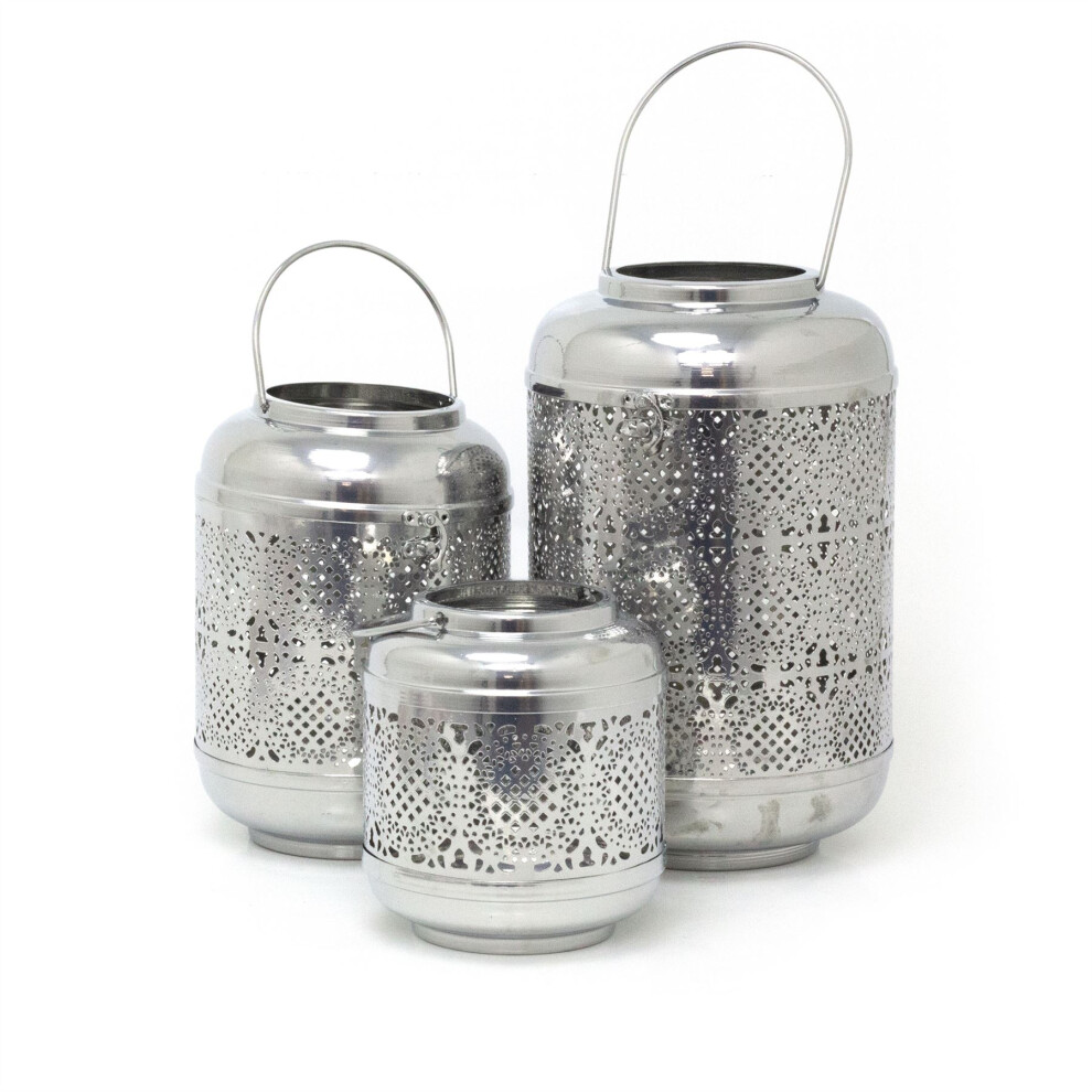 Set Of 3 Silver Metal Lanterns | Hurricane Barrel Candle Lanterns | Decorative Candle Holders for Home