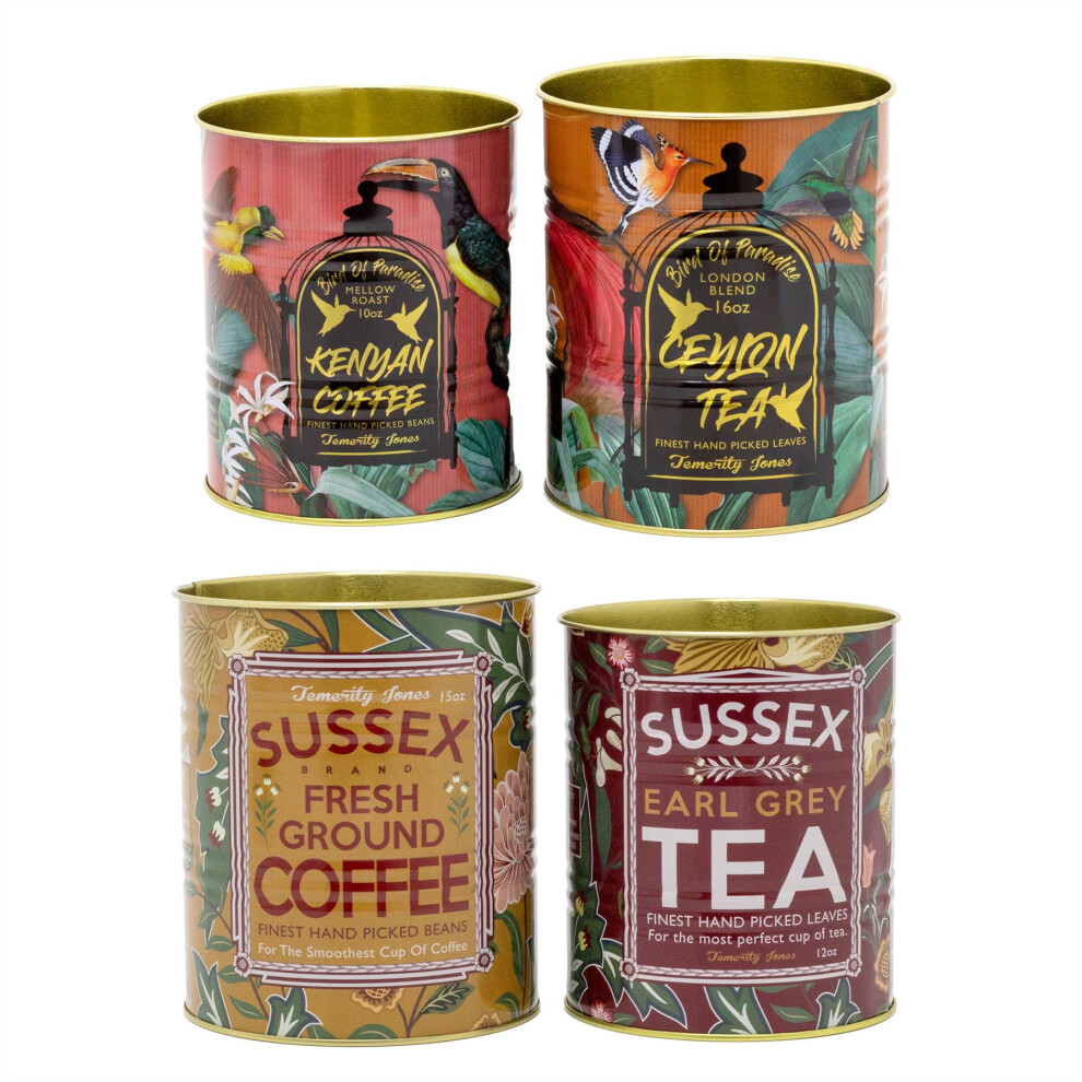 4 Piece Retro Vintage Coffee Tea Cans | Birds of Paradise & Sussex Retro Metal Storage Tins | Replica Tea Coffee Tin Cans