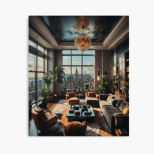 (Interior of a New York penthouse Maximalist interior design with a view of the city skyline=3190) Canvas Print DIY Framed Kit Wall Art Room Decor 16x20 inch or 18x18"