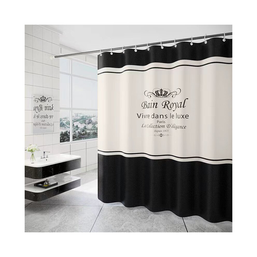 Shower Curtain 180 x 200 cm with 12 Quick Drying Hooks (Black and White), Waterproof Polyester Fabric Machine Washable, Bathroom Curtains