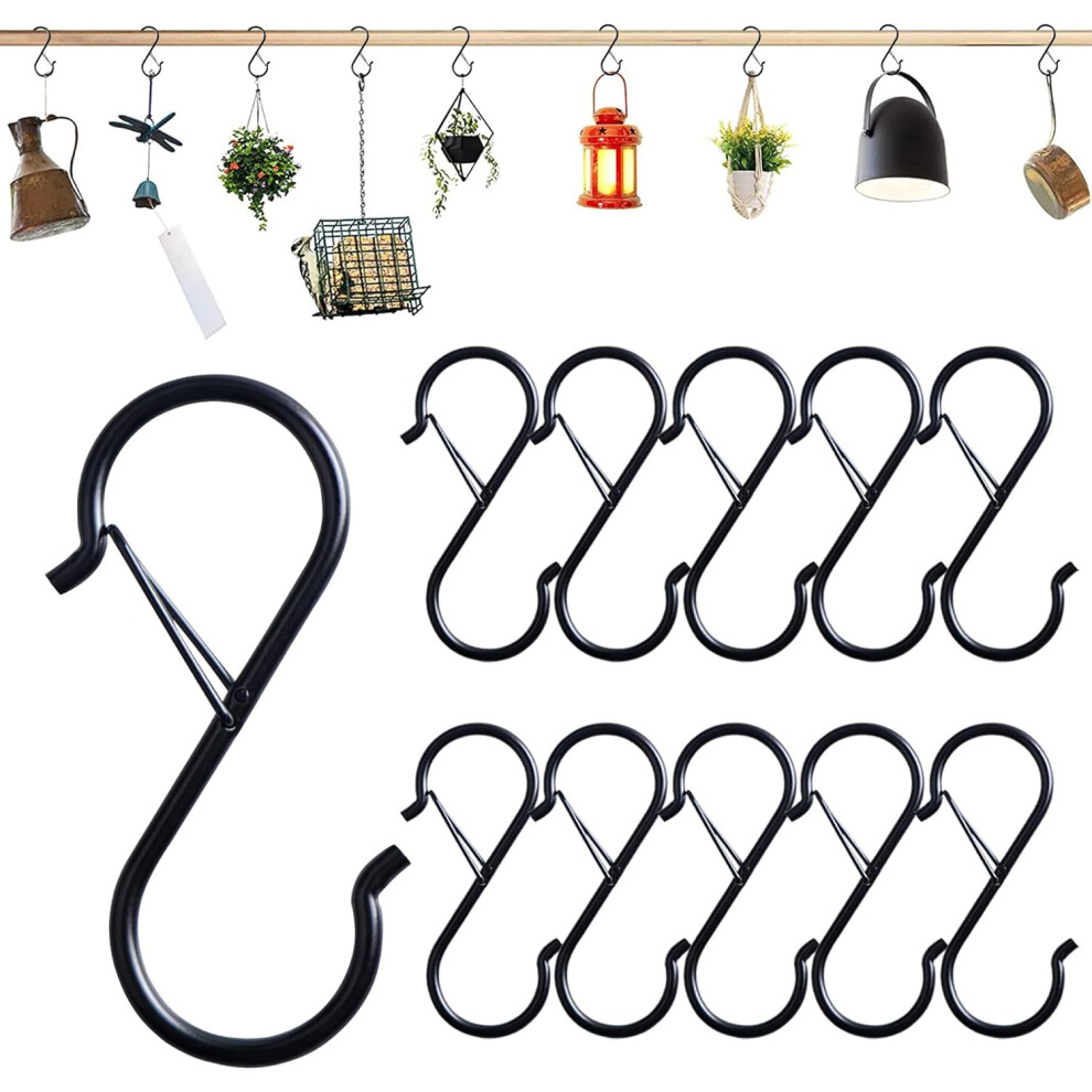10 Pack S Shaped Hooks With Safety Buckle - 9Cm - S Hooks For Hanging Utensils And Pots - Black 9469042588227