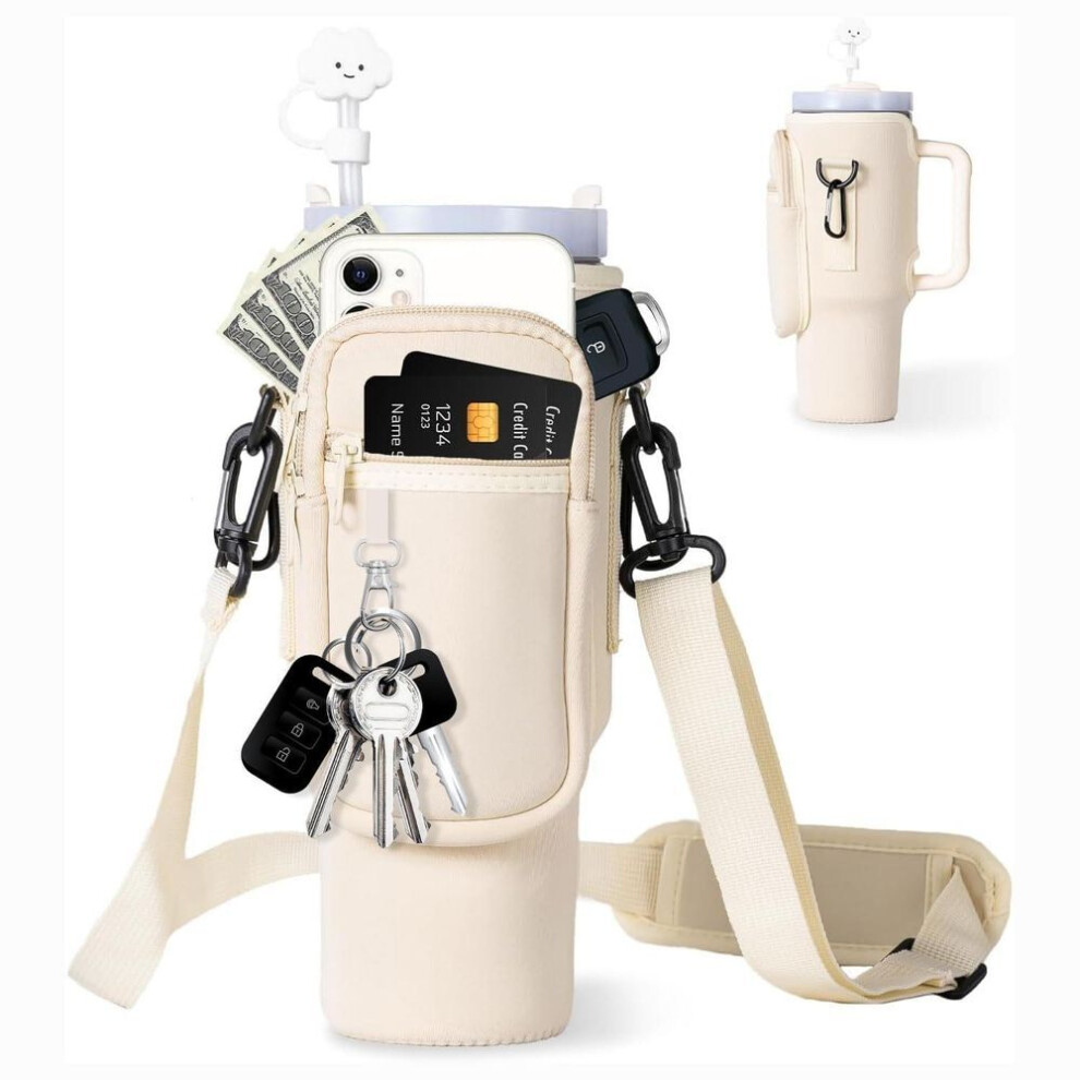 (white) Water Bottle Carrier Bag with Pocket for 40 oz Tumbler with Handle Neoprene Sports Water Bottle Holder Pouch