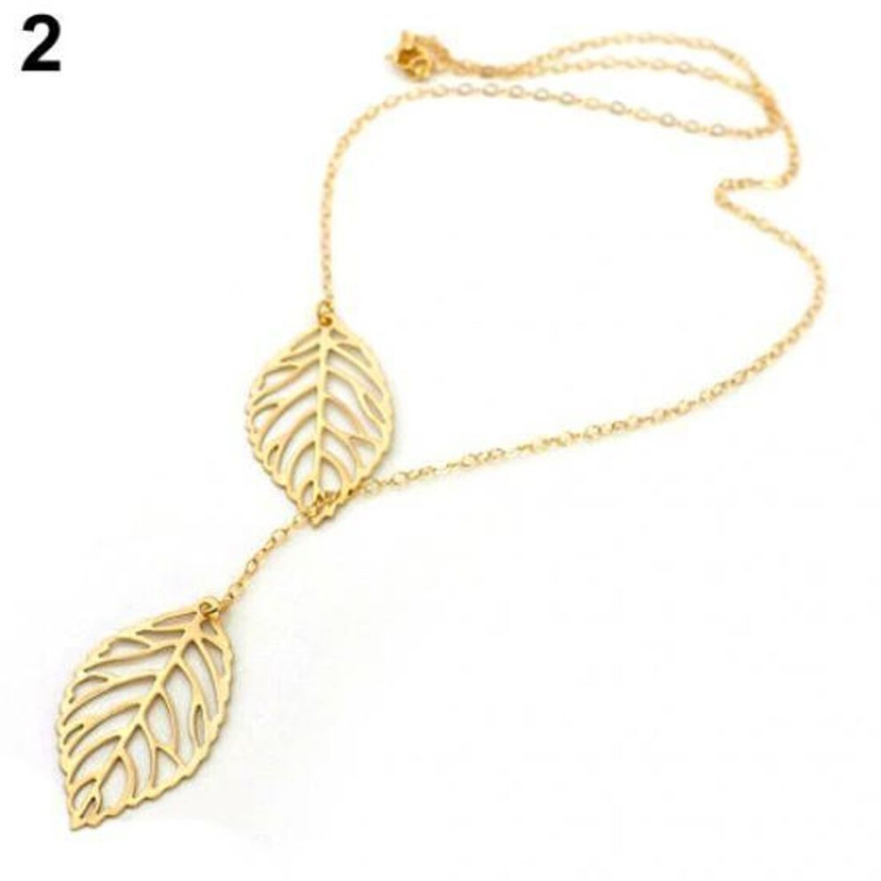 (gold) Women&apos;s Simple 2 Leaves Choker Collar Statement Pendant Necklace Jewelry