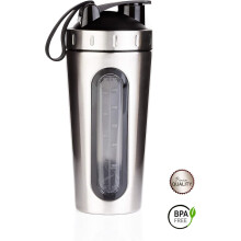 Proteïne Shaker, Gym Shaker, Roestvrij Staal, Lekvrij, met Transparant Venster en Maximale Inhoud van 700ml, met Siliconen Band, Zilver