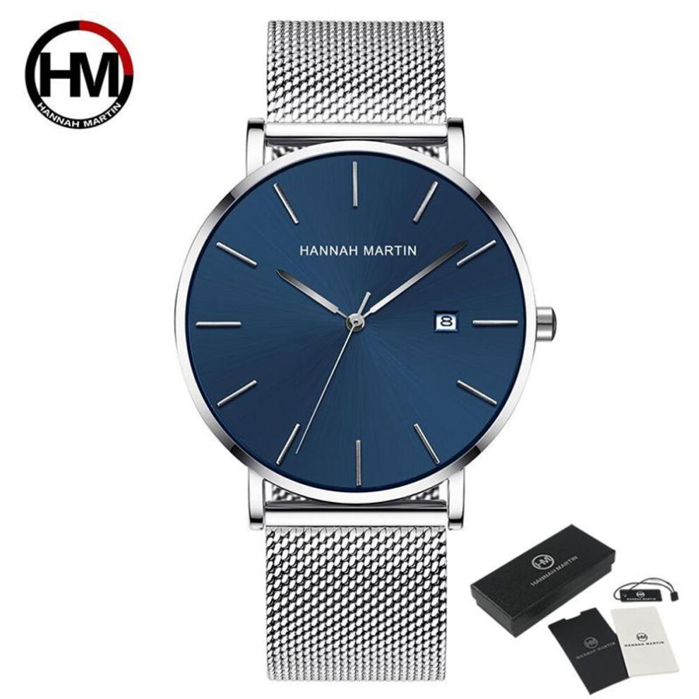 (silver) Hannah Martin Classic Bauhaus Design Men Watch Dark Blue Japan Quartz Waterproof Fashion Business Calendar Ultra Thin Watches