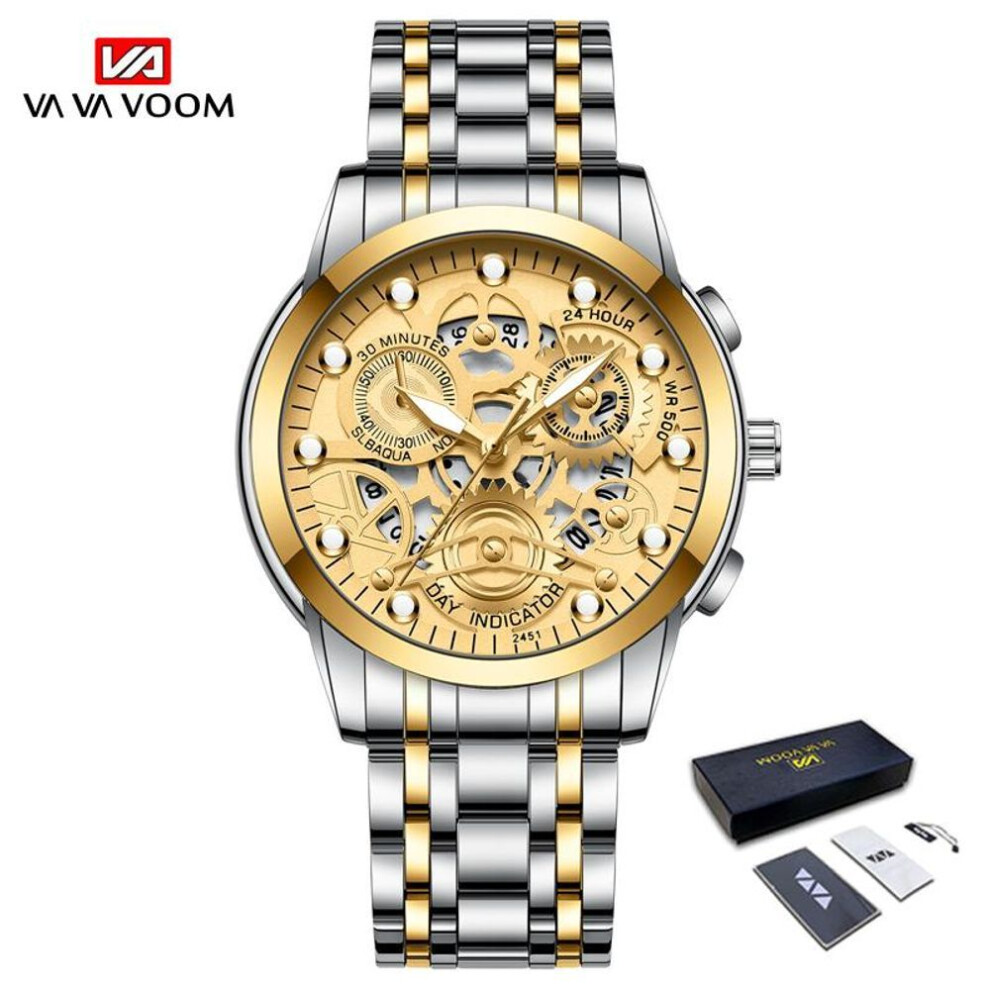 (gold,silver, With Packaging) Va Va Voom Gold Hollow Luminous Quartz Watches Skeleton Watch Men Watches Imported Movement Business Sports For Husband Gift Stainless Steel Men Watch