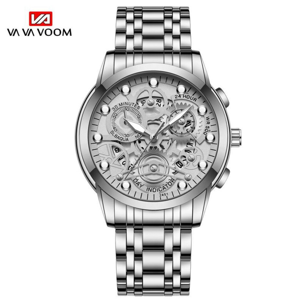 (silver, NO Packaging) VA VA VOOM Gold Hollow Luminous Quartz Watches Skeleton Watch Men Watches Imported Movement Business Sports For Husband Gift Stainless Steel Men Watch