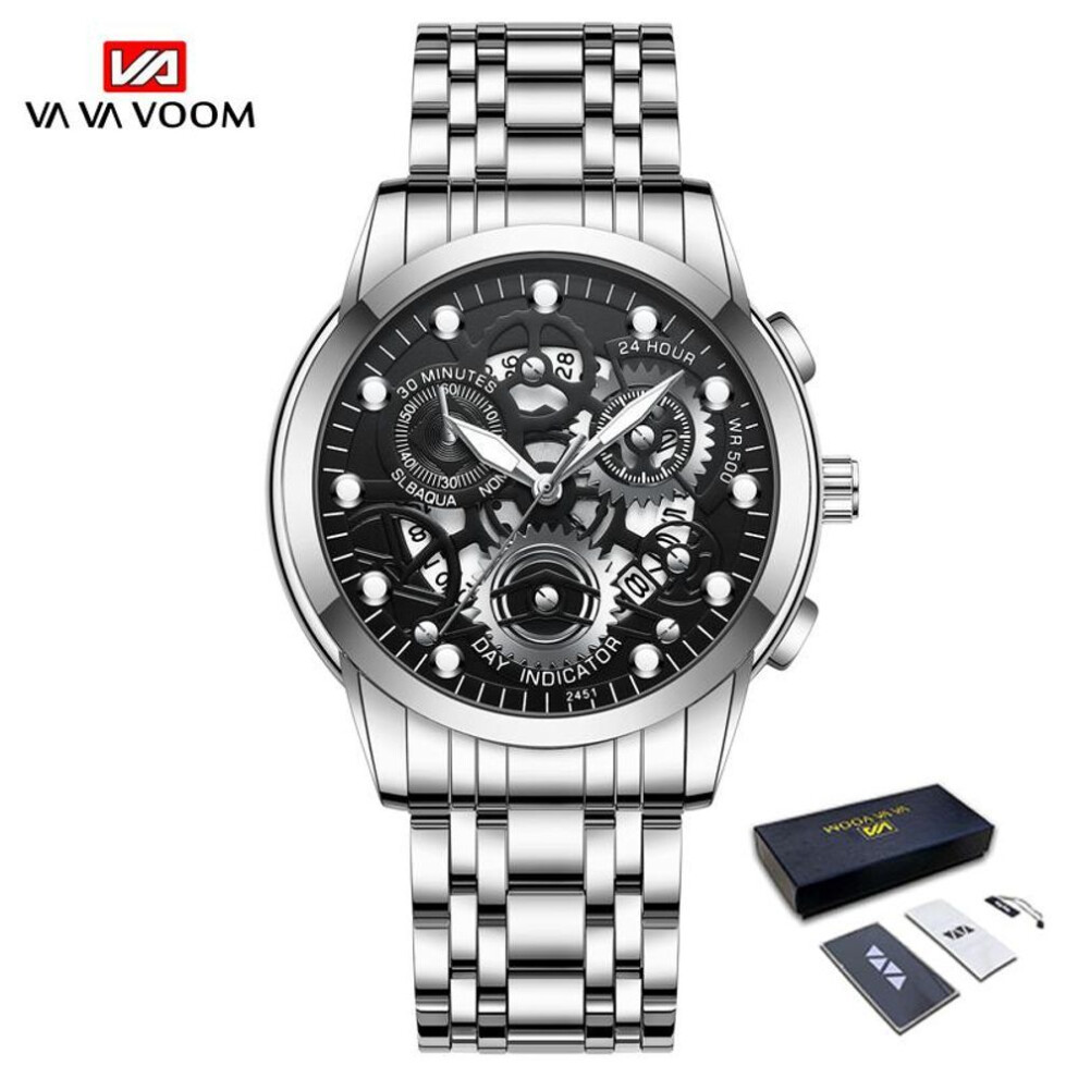 (silver,black, With Packaging) Va Va Voom Gold Hollow Luminous Quartz Watches Skeleton Watch Men Watches Imported Movement Business Sports For Husband Gift Stainless Steel Men Watch