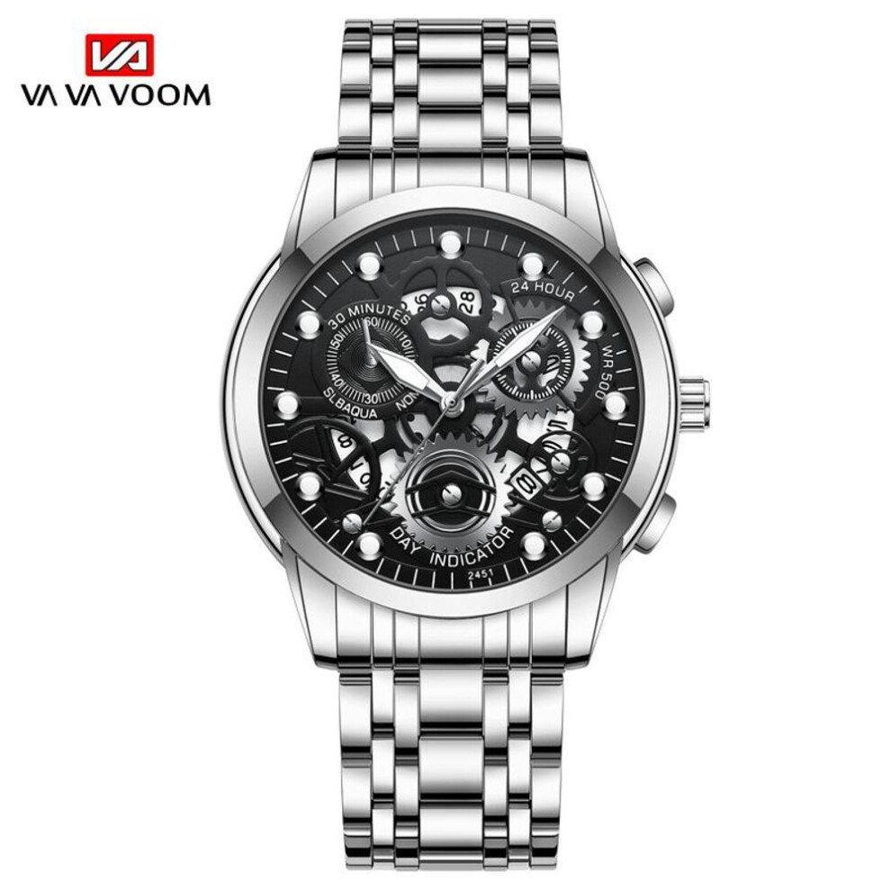 (silver,black, NO Packaging) Va Va Voom Gold Hollow Luminous Quartz Watches Skeleton Watch Men Watches Imported Movement Business Sports For Husband Gift Stainless Steel Men Watch