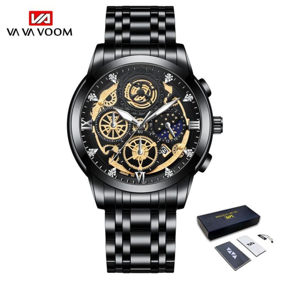 (black, With Packaging) Va Va Voom Fashion Luminous Quartz Watches Men Business Watch Male Stainless Steel Mesh Belt Skeleton Quartz Wrist Watch Relogio Masculino Male Clock
