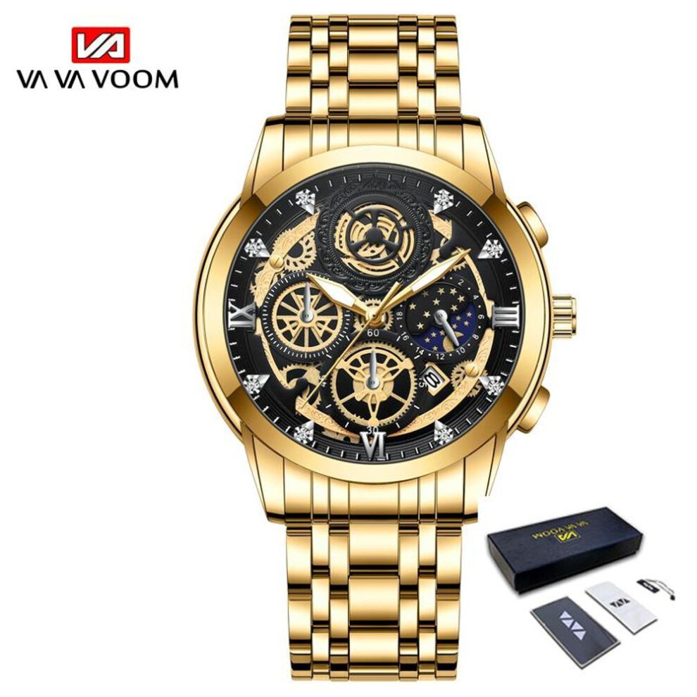 (gold, With Packaging) Va Va Voom Fashion Luminous Quartz Watches Men Business Watch Male Stainless Steel Mesh Belt Skeleton Quartz Wrist Watch Relogio Masculino Male Clock