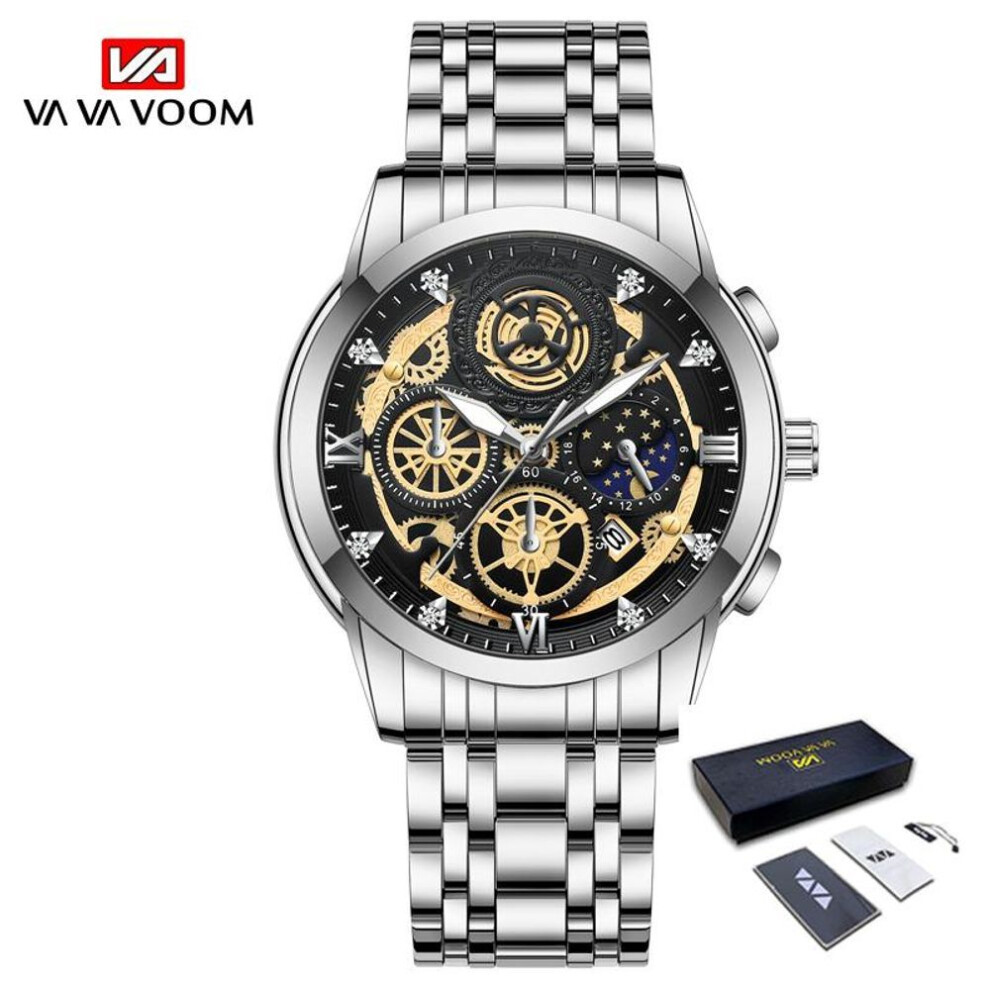 (silver, With Packaging) Va Va Voom Fashion Luminous Quartz Watches Men Business Watch Male Stainless Steel Mesh Belt Skeleton Quartz Wrist Watch Relogio Masculino Male Clock