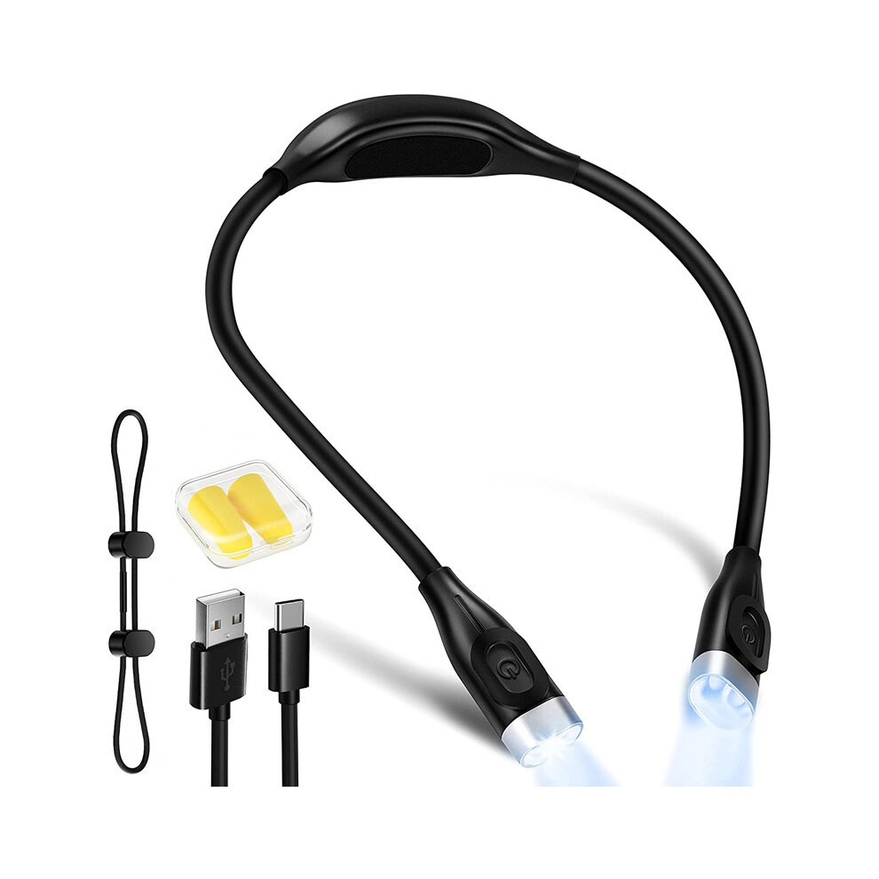 LED Reading Light, Flexible and Rechargeable, Hands-Free Neck Clip Night Light with 2 Brightness Levels, Dual Head, 4 LEDs