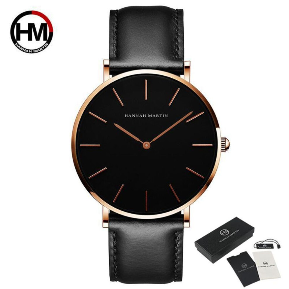 (black,gold) Hannah Martin Men's Quartz Watches 30m Waterproof Fashion Brand Sport Casual Watches Unisex Wristwatch For Men Casual Leather Watch