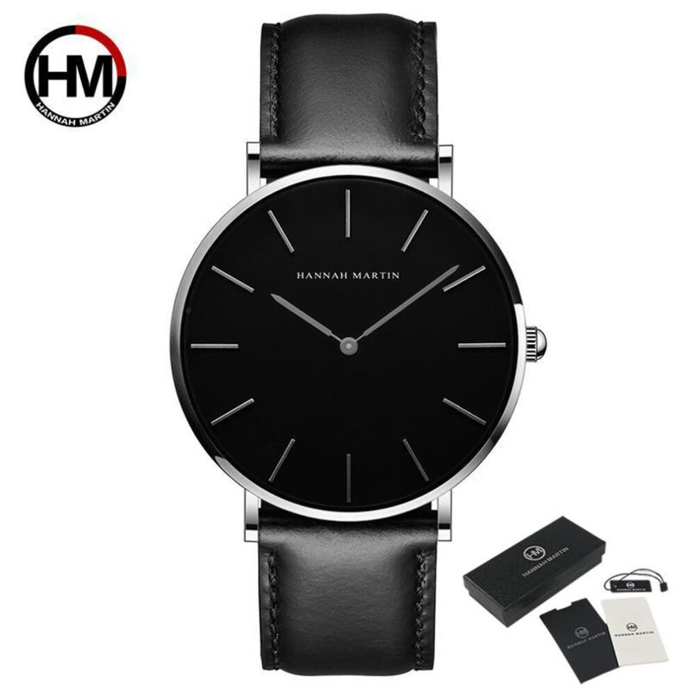 (black,silver) Hannah Martin Men's Quartz Watches 30m Waterproof Fashion Brand Sport Casual Watches Unisex Wristwatch For Men Casual Leather Watch