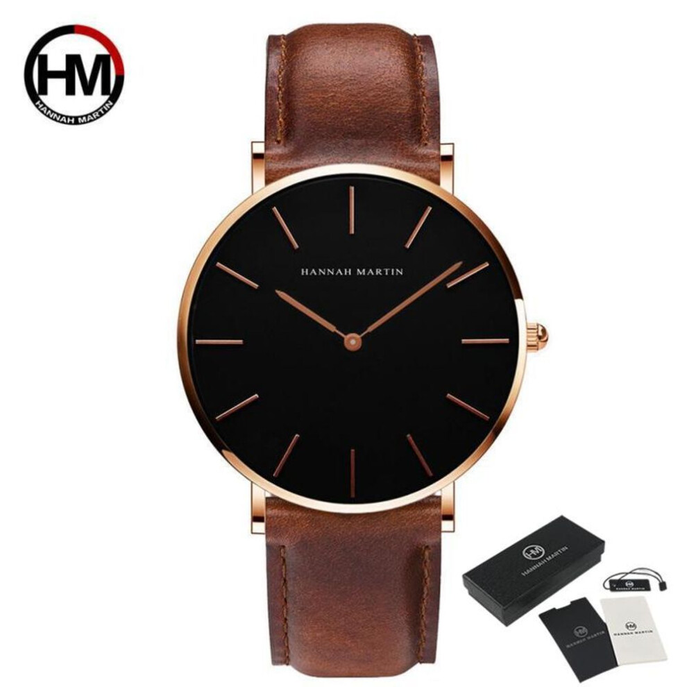 (brown,gold) Hannah Martin Men's Quartz Watches 30m Waterproof Fashion Brand Sport Casual Watches Unisex Wristwatch For Men Casual Leather Watch