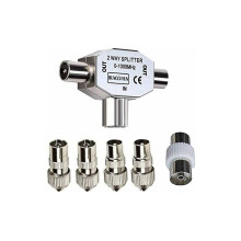 T-Antennesplitter - 2-weg antennesplitter - 2 coaxiale aansluitingen DVB-T/BK - 0-1000 MHz - TV-voedingskoppelaar