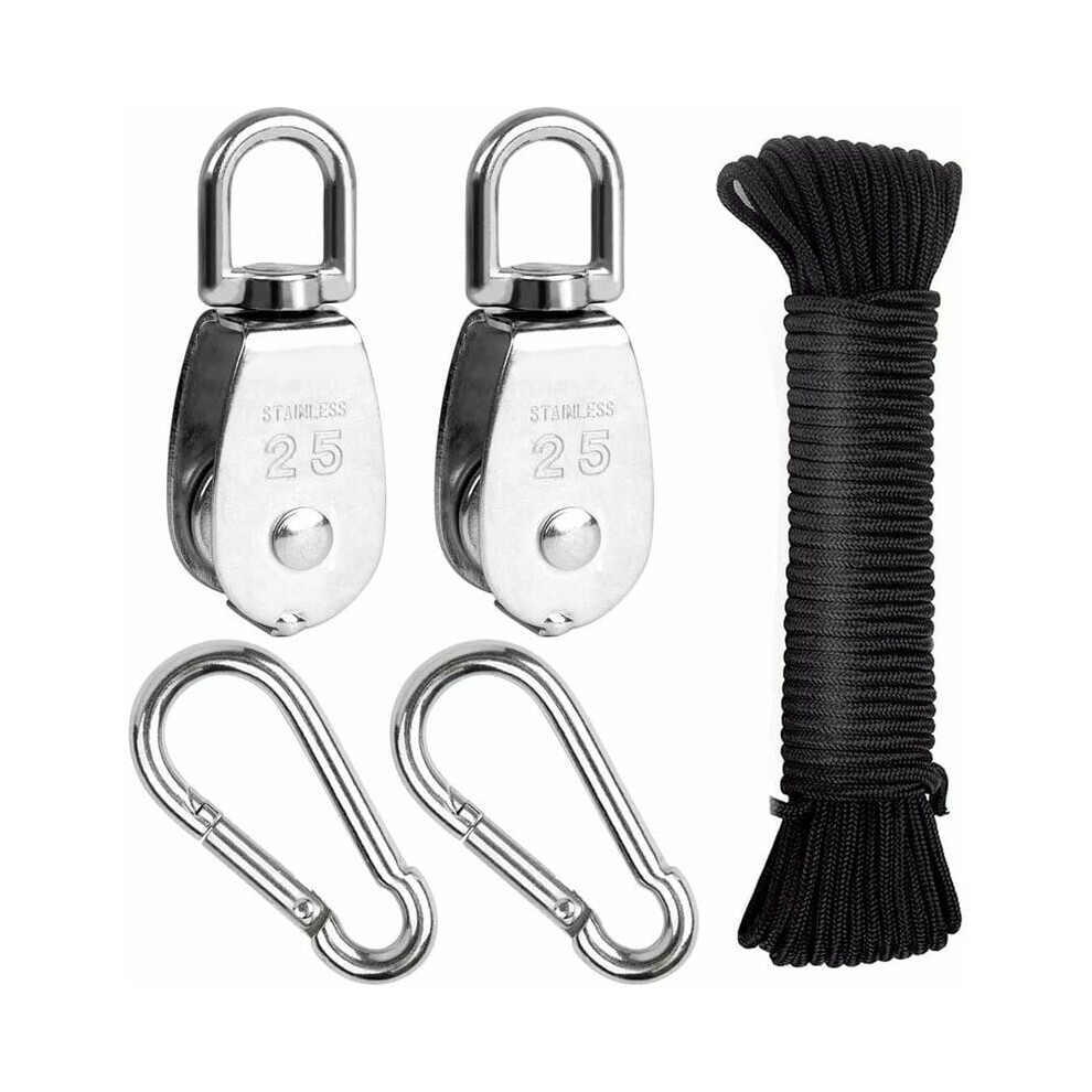 Lifting Pulley,25Mm 304 Stainless Steel Pulley,2 Pieces M25 Single Pulley,For Ropes And Cables,With 6Mm Rope 20M,2 Pieces Carabiners Keychains 9469042611642