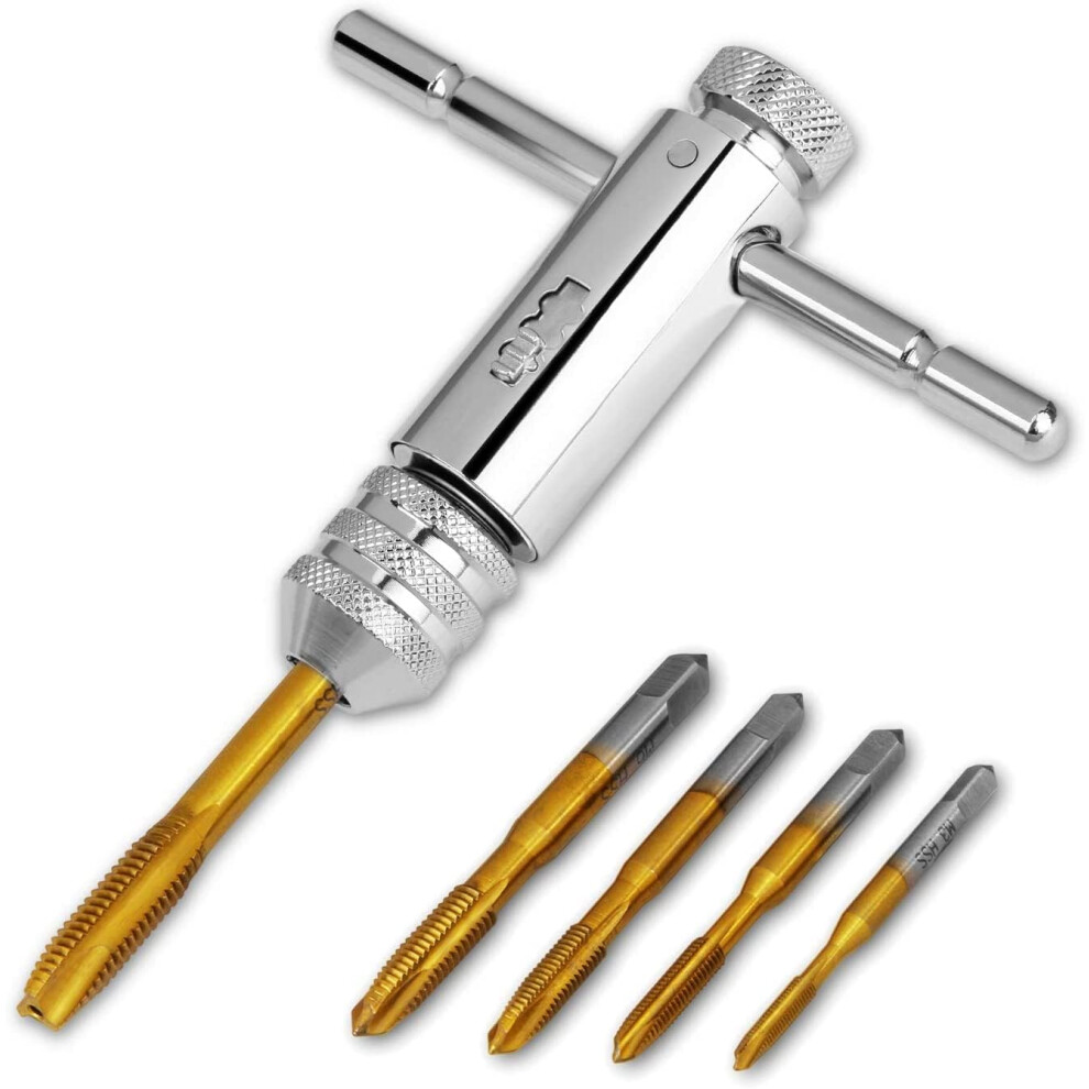 Adjustable M3-M8 3Mm-8Mm Hss T-Handle Ratchet Tap Holder Wrench, Tapping Threading Tool With 5Pcs Hand Thread Screw Tap 9469042613196