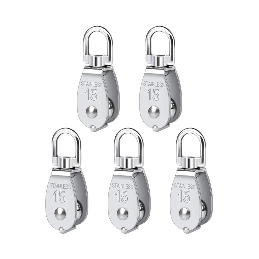 5Pcs M15 304 Stainless Steel Single Pulley, 15Mm Single Pulleys Block Roller, Crane Swivel Hook Smooth Wire Rope Cable Load 77Lbs/35Kg 9469042625236