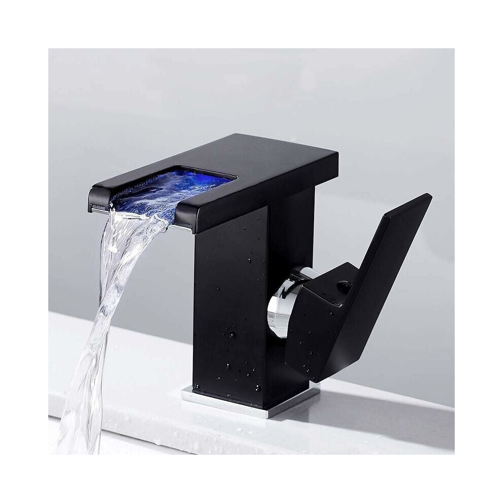 Waterfall Led Faucet (Black) Bathroom Black Waterfall Hot Cold Countertop Sink Basin Bathroom Faucet 9469042631091