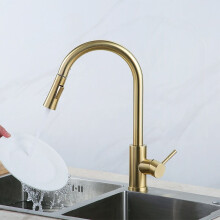 Kitchen Faucet Extendable Single Lever Mixer Tap Stainless Steel 360 Rotatable Hot and Cold Adjustable Gold