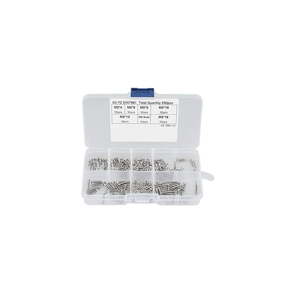 230Pcs M2 304 Machine Screws, Flat Head Cylindrical Screws Stainless Steel Bolt Nuts Assortment Kit 9469042637130