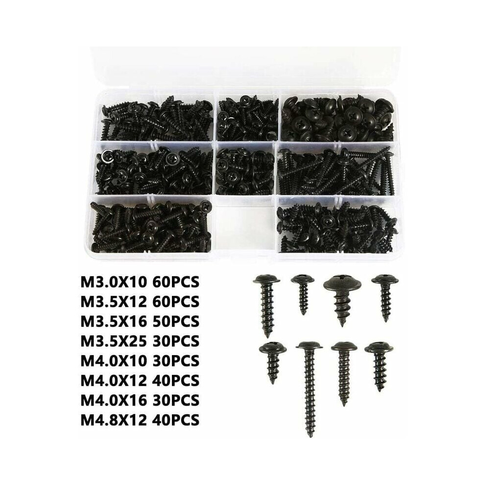 340Pcs Black Self Drilling Sheet Metal Screws,Stainless Carbon Steel Self Tapping Screw Flat Head Screws Cross-Head Wood Fastener Kit Size: M3.0-M4.8 9469042645029