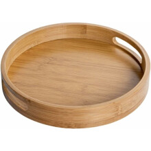 Round Wooden Serving Tray with Handles(Brown),25x25x4cm,Round Decorative Tray,Natural Bamboo,Decorative Tray for Cafe,Bar,Restaurant